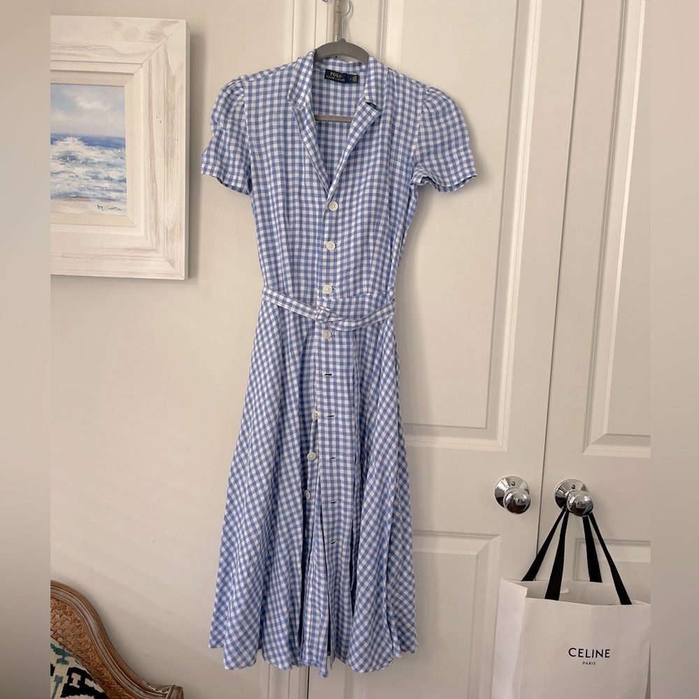 Polo Ralph Lauren Blue and White Gingham Linen Midi Dress